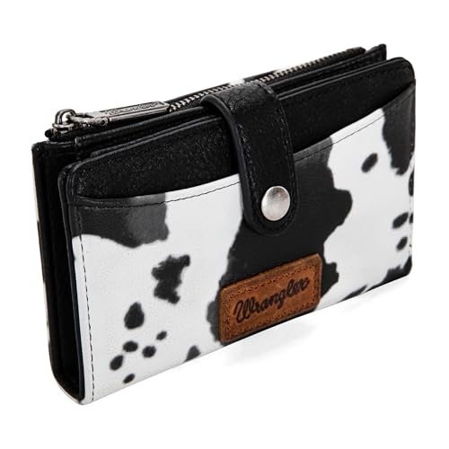 Wrangler Wallet for Women Bifold Card Holder with Zipper and ID Window - color: Cow Print - Black