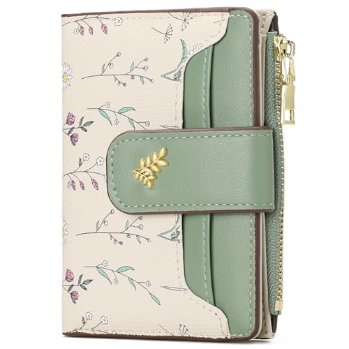 GAEKEAO Wallet Women Small RFID Vegen Leather Card Holder for Women | Compact leather wallet, credit card holder, RFID protection, ID window, coin pocket, lightweight travel purse - color: Green