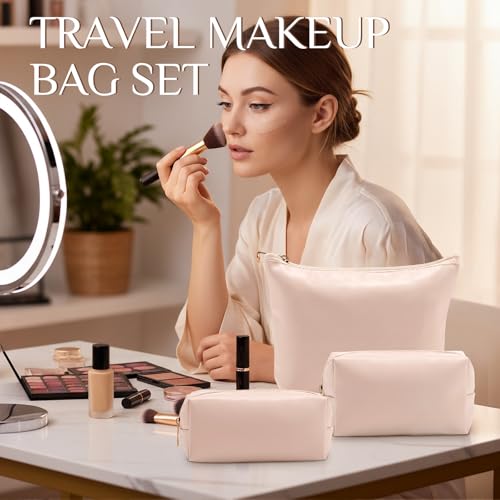 Kigeli 3 Piece Leather Makeup Bag Set Graduation Women Gifts PU Leather Makeup Toiletry Bag Bridesmaid Cosmetic Pouch Small Aesthetic Travel Purse for Wedding Birthday Women Gifts(Pink) - color: Pink