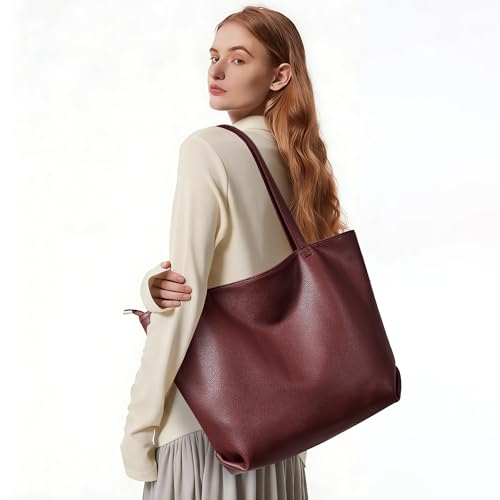WLLWOO Soft Vegan Leather Tote Bag for Women Large Hobo Zipper Purse | Casual Shoulder Handbags Carryall for Work Daily Weekender Travel Commute - color: Dark Red