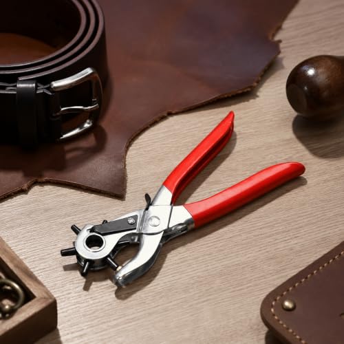 1 Pc Heavy Duty Faux Leather Belt Hole Punch Pliers Rotary Steel Hand Tool with Red Rubberized Grip for Sewing Crafting Projects
