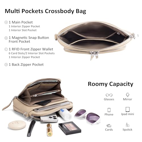 befen Genuine Leather Crossbody Bags for Women Travel Wallet Purse | Real Leather, Purse with Built in Wallet, RFID Blocking, 8 Card Slots, Crossbody Bag with Wallet, Detachable Shoulder Strap - color: Light Apricot