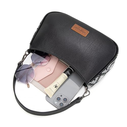 Wrangler Shoulder Bag for Women Western Small Purse Hobo Handbag | Aztec, Underarm Bag, 2 Detachable Straps, Secure Zipper Closure, Back Pocket, Crossbody Bag for dates, travel and everyday - color: Black