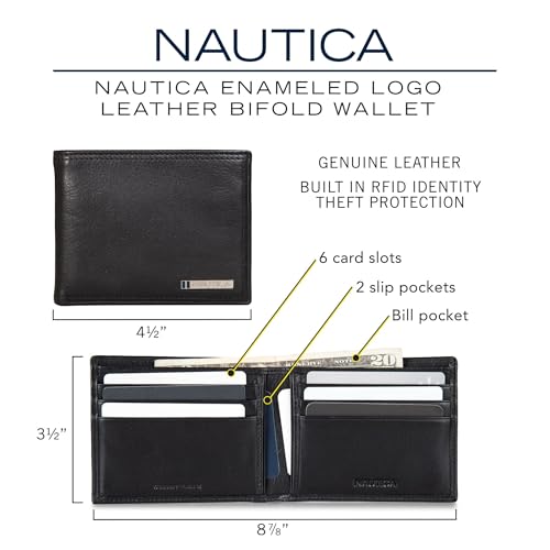 Nautica Men's Bifold Leather Wallet | RFID Blocking | ID Window | Card Slots | Organization | Durable | Stylish - color: Enameled Logo - Brown
