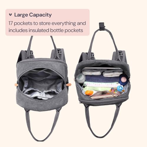 BabbleRoo Diaper Bag Backpack - Baby Essentials Travel Tote - Multi Function Water Resistant Diaper Bag, Travel Essentials Baby Bag with Changing Pad, Stroller Straps & Pacifier Case - Dark Gray - color: Dark Gray, size: Large