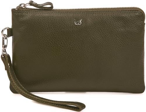 Leather Wristlet Wallet for Women Clutch Handbag Purse with Cell Phone Slot | Genuine Top Grain Leather, 8 Credit Card Slots, Detachable Strap, YKK Zipper, Gifts for Women - color: Olive Nappa
