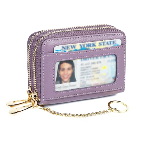 imeetu Rfid Credit Card Holder, Businese Card Case, Wallet for Women Men | Genuine Leather Card Wallet with id Window, Keychain & Double Zipper, Water-resistan Small Wallet with Gift Box, Daily Travel - color: Max - Light Purple