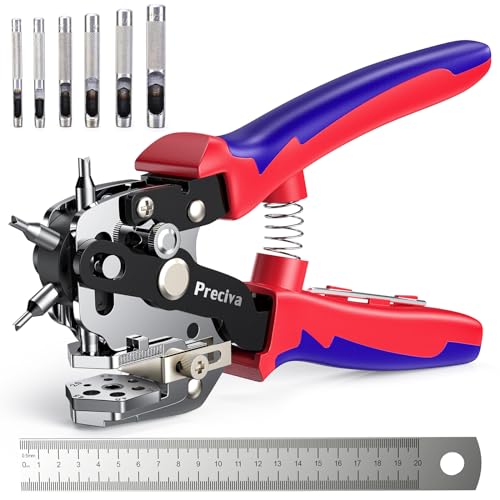Preciva Hole Punch Plier, Revolving Punch Hole Tool with V-Shaped Cutting Edge Design, 6 Hole Sizes Used for Leather, Belts, Thin Iron Sheets, Paper Cards, Plastics, & Fabrics - color: Red
