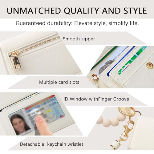 Keychain Wallet for Women,RFID Wristlet Wallet with Beaded Strap | Tri-Fold Design,6 Card Slots,ID Window,Zipper Coin Pocket,Lightweight Carry - color: Beige