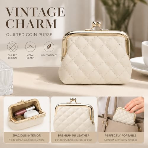Vintage Kiss Lock Change Pouch, Quilted PU Leather Coin Purse for Women-4.92 Inch White - color: White