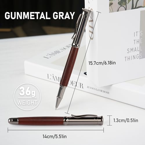 WEMATE Wood Rollerball Pen Set, Nice Pen for Men, Fancy Look - Red Padouk | 2 Refills, Executive Style, Luxury Finish, Smooth Writing for Journaling and Signatures, Office Use, Black and Blue Ink - style: Red Padouk