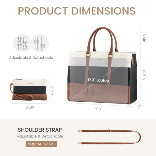 LOVEVOOK Laptop Bag for Women, 17.3 Inch Laptop Tote Bag, Vintage Leather Work Bags for Women, Waterproof Computer bag with Clutch Purse, Large Capacity Briefcase, Business Office Bag - color: Black-white-brown Embossed, size: 17.3 inch