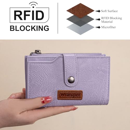Wrangler Wallet for Women Bifold Card Holder with Zipper and ID Window - color: A-Purple
