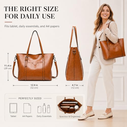 Pahajim Faux Leather Tote Bag for Women, Large Zipper Shoulder Purse - color: Brown