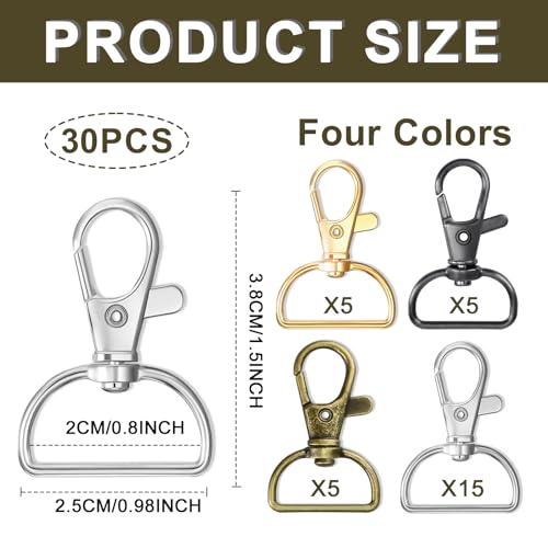 Enenes Swivel Clasp Hooks 30 PCS, 3/4 Inch Lobster Clasps with D Rings | 30 metal swivel lobster clasps with key rings for snap tabs, keychains, wristlets, badge reels, lanyards and DIY crafts - color: 4 Colors