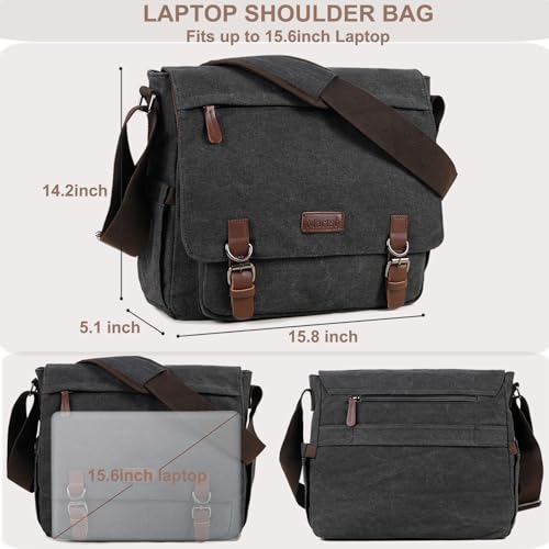 Vintage Messenger Bag 15.6 Inch Laptop for Men Women, Large Travel Crossbody Shoulder Purse Canvas Briefcase Work College - color: Black-upgrade
