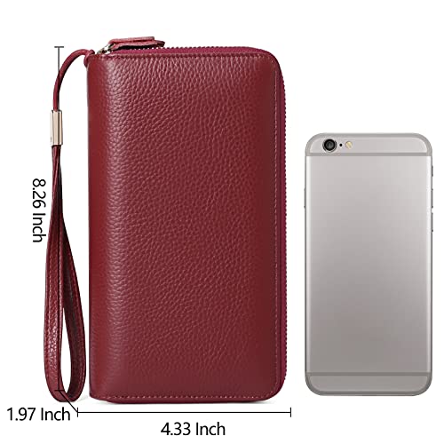 SENDEFN Leather Women Wallet RFID Blocking Zipper Around Phone Holder Clutch Wristlet Large Capacity - color: Cardinal Red