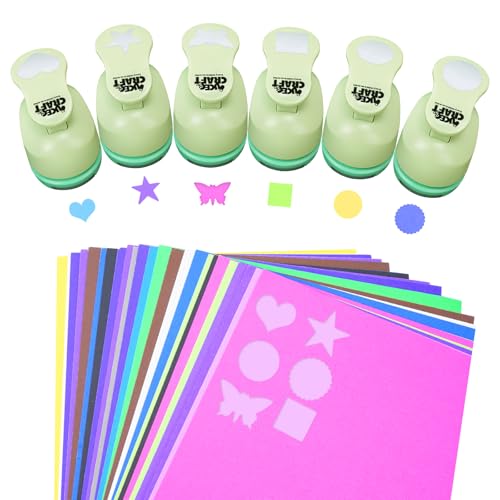 UCEC 6 PCS Craft Hole Punch 1 Inch Paper Puncher Hole Punch Shapes Crafting | Designs DIY for Kindergarten Teacher Office Supplies, 6 Different Shapes Set with 30PCS Craft Paper - style: 6 Different Shapes Set 3 & 30 Craft paper