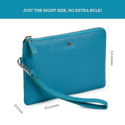 Leather Wristlet Wallet for Women Clutch Handbag Purse with Cell Phone Slot | Genuine Top Grain Leather, 8 Credit Card Slots, Detachable Strap, YKK Zipper, Gifts for Women - color: Air Blue Nappa