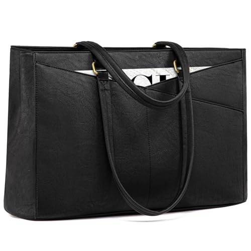 LOVEVOOK Laptop Tote Bag for Women,Leather Work Computer Briefcase Bag - color: Retro Black, size: 15.6 inch
