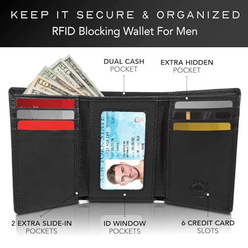 Stealth Mode Trifold Leather Wallet for Men with RFID Blocking | Black Crunch Top Grain Napa Leather, 9 Card Slots, ID Window, Gift Box – Gift for Dad, Husband, or Son - color: Black Crunch