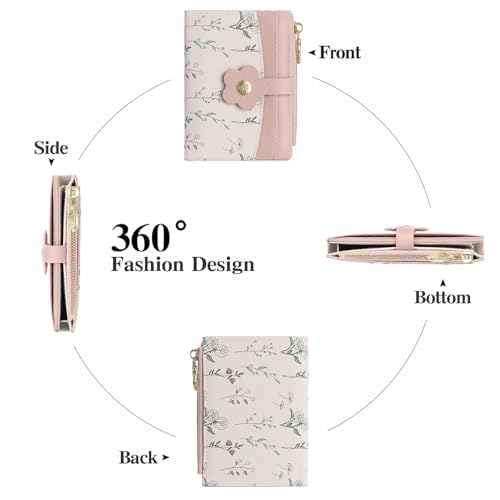 GAEKEAO Small Wallets for Women RFID Blocking Bifold Floral Vegan Leather Wallet Card Holder with ID Window & Zipper Pocket - color: C04-Pink