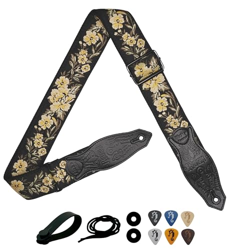 rockyou 2 Inch Woven Jacquard Embroidery Bass Guitar Strap With 4 Picks Pocket Suede Genuine Leather End (Vintage Yellow Rose) - color: Vintage Yellow Rose