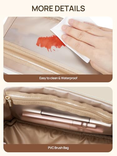 Telena Leather Make Up Bag Portable Travel Makeup Bag Waterproof | Cosmetic Bags for Women Large Capacity With Handle and Divider Open Lay Flat - color: 0-Brown