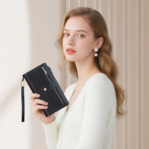 Large Wallets For Women Rfid Blocking Wallet Pu Leather Ladies Wallets Zipper Long Wallet With 24 Card Holders,2 Id Windows And Coin Pocket Wristlet Purses For Women Ladies. Black - color: Black