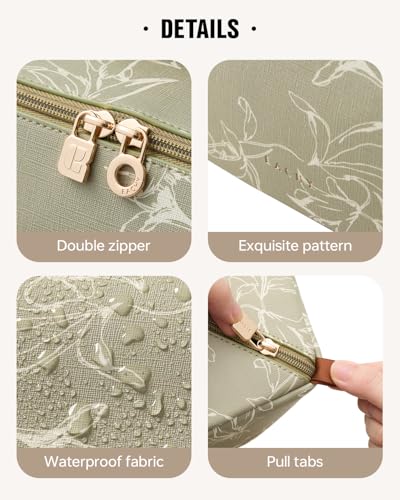 EACHY Travel Makeup Bag, Floral Cosmetic Bag for Women, Green, Medium | Water-resistant PU Leather Flat-Open Toiletry Bag with Clear TPU Brush Compartment for Makeup, Skincare & Travel Essentials - color: AJ-Green, size: Medium