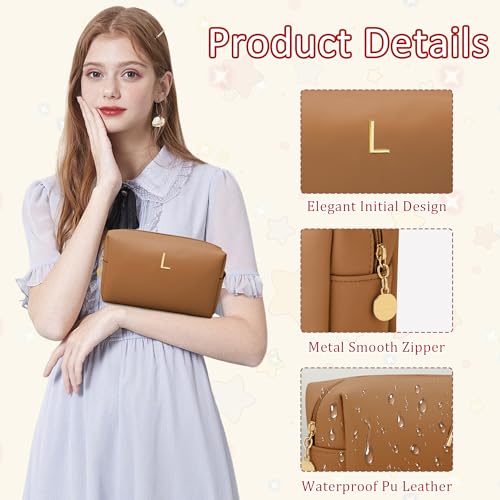 Gifts for Women Bridesmaid Gifts Initial Makeup Bag | Personalized Birthday Gift | PU Leather Cosmetic Pouch Bag | Waterproof Travel Toiletry Bag (Brown L) - color: Brown, style: L