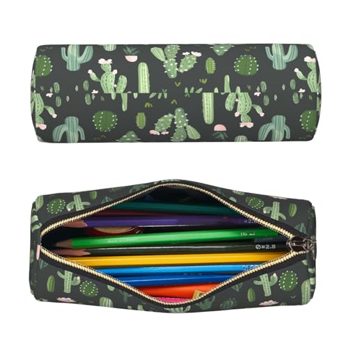 OSAM SPACE Leather Pencil Case Round Pencil Bag Green Plant Cactus Pen Organizer Holder Portable Zipper Pouch Cute School Supplies for Girls Boys Study Office - color: Green Plant Cactus