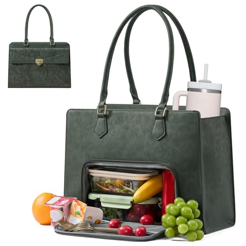 LOVEVOOK Laptop Tote Bag for Women, PU Leather Work Bag, Teacher Tote - color: Green Embossed, size: 15.6 inch-with lunch compartment