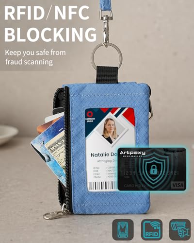 Artpaxy Minimalist Wallet For Mens Womens, Keychain RFID Blocking Zipper Small Wallet with ID Window 2 Lanyards,Water Resistant Travel Cash Card Coin Case Boys Girls - color: Light pink purple+Light blue