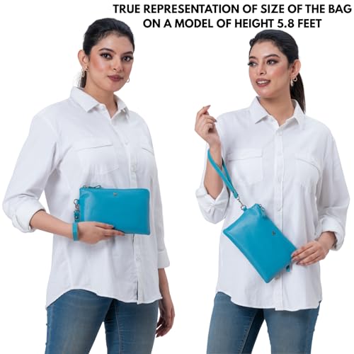 Leather Wristlet Wallet for Women Clutch Handbag Purse with Cell Phone Slot | Genuine Top Grain Leather, 8 Credit Card Slots, Detachable Strap, YKK Zipper, Gifts for Women - color: Air Blue Nappa