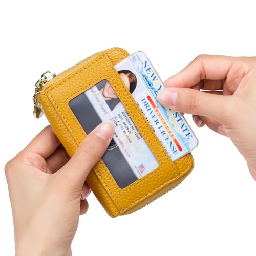 imeetu Rfid Credit Card Holder, Businese Card Case, Wallet for Women Men | Genuine Leather Card Wallet with id Window, Keychain & Double Zipper, Water-resistan Small Wallet with Gift Box, Daily Travel - color: Max - Yellow