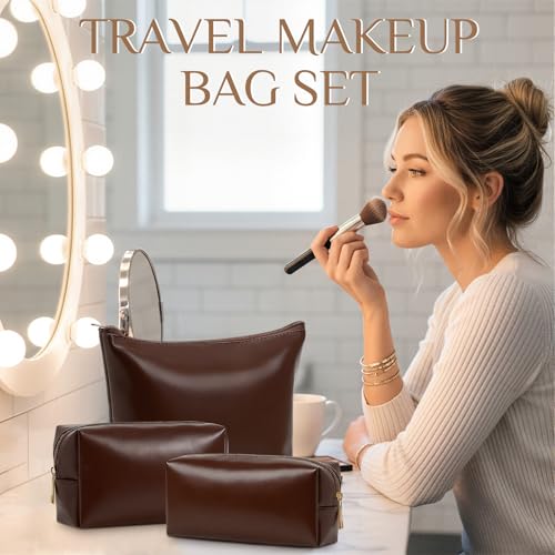 Kigeli 3 Piece Leather Makeup Bag Set Graduation Women Gifts PU Leather Makeup Toiletry Bag Bridesmaid Cosmetic Pouch Small Aesthetic Travel Purse for Wedding Birthday Women Gifts(Coffee) - color: Coffee