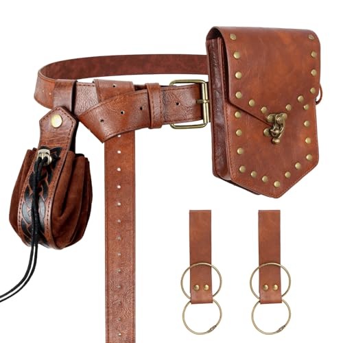 Renaissance Belt Pouch Medieval Pirate Costume Accessories Set for Cosplay | Viking Faux Leather Waist Bag, Skirt Hike Clips, Perfect for Women and Men Ren Faire, LARP, Fantasy, Halloween - color: Brown-B