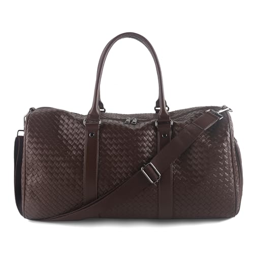 Weekender Bags for Women Woven Leather Travel Duffle Bag Gym Tote (Coffee) | Carry On Bag for Men with Shoe Compartment Dry and Wet Separation - color: Coffee