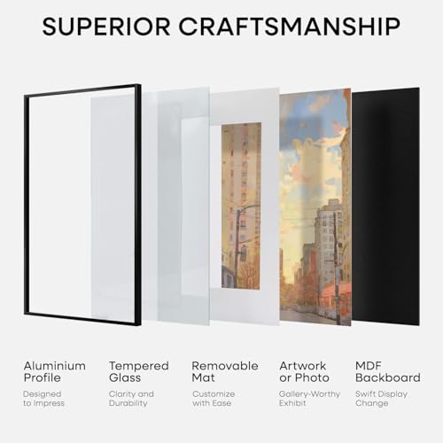 Homeforia A3 Black Picture Frame, High-End Metal, A4 Mat, Glass | High End Aluminum, Tempered Glass, Acid-Free A4 Removable Mat, A3 Edge-to-Edge Display, Wall Kit, Set Of 1 - color: Carbon Black, size: A3