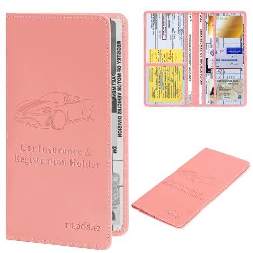 Car Registration & Insurance Card Holder Leather Auto Glove Box Organizer Document Wallet with Magnetic Shut - color: Pink-Upgraded