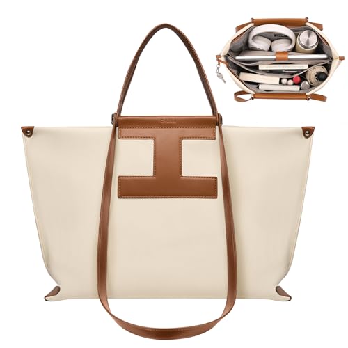 CHUNLI 15.6" Laptop Tote for Women - Lightweight Canvas-Textured Leather Work Bag, Structured Business Briefcase, Teacher - color: Beige & Brown