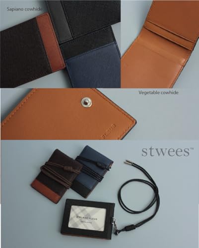 Slim Leather Lanyard Wallet, Folding Card Holder with Snap Button, ID Badge Neck Wallet Set (Two-Tone, Navy) - color: Navy, style: Two-tone
