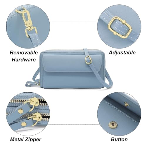 Women Leather Wallet Crossbody Shoulder Bag with Double Zipper and Mobile Phone Purse with Shoulder Strap - color: 109-blue