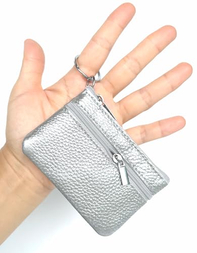 Women's Leather Tiny Small Coin Purse Pouch with Keychain, Mini Card Holder Case for Men (Silver) - color: Silver