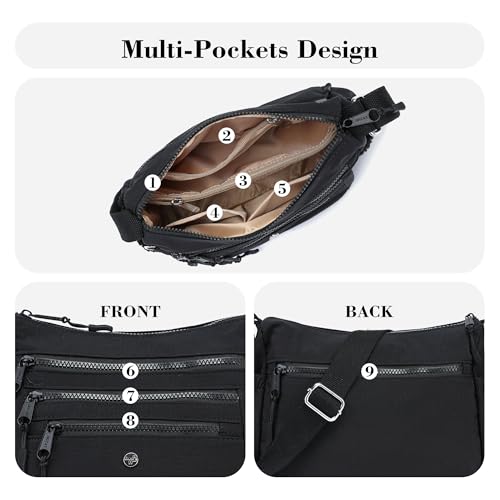 AOCINA Nylon Crossbody Bags for Women Multi Pocket Cross Body Purses - color: Black, size: Small