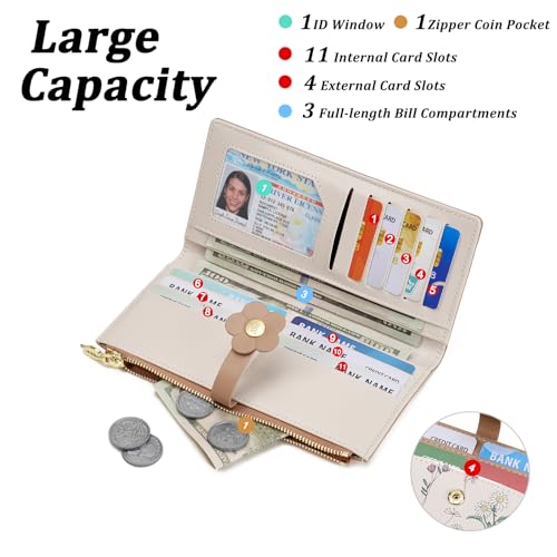 GAEKEAO Womens Wallet Slim Thin RFID Blocking Bifold Floral Vegan Leather Card Holder Large Capacity Wallet with Zipper Pocket - color: Y-Khaki