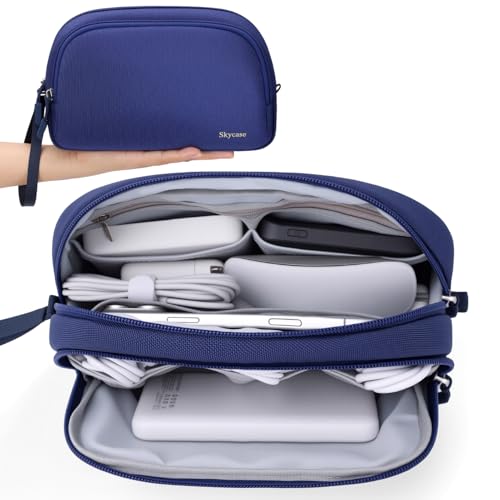 Skycase Travel Cable Organizer - Lightweight Water Resistant Dual-Layer Tech Pouch with Wrist Strap 9 Compartments Electronic Organizer Travel Case for Charger Cord Hard Drive,Small,Blue - color: Blue, size: S
