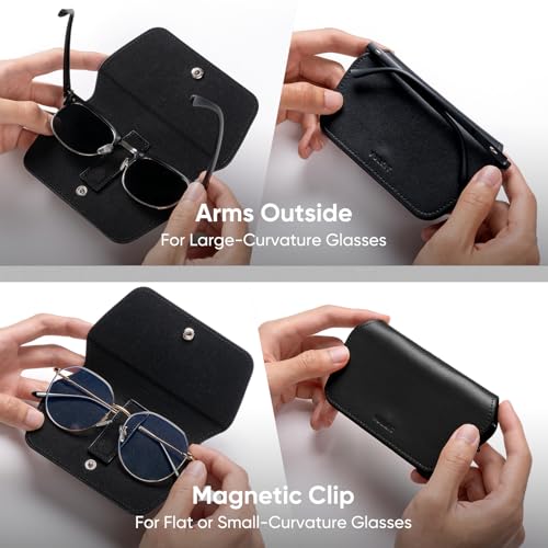 VULKIT Leather Glasses Case, Ultra Slim Sunglasses Case, Two Fixed Modes, Fits Most Eyeglasses & Sun Glasses - color: Onyx Black