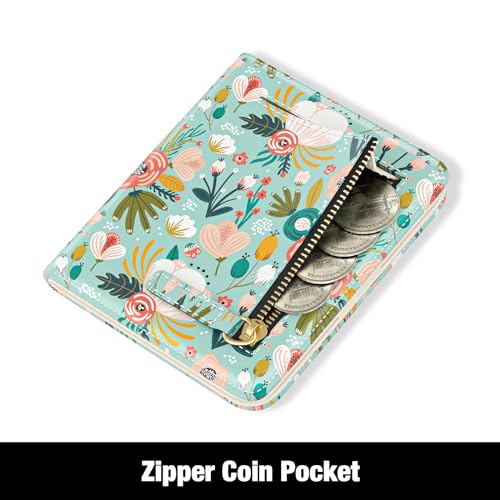 Rouidr Womens Wallet, RFID Small Slim Wallet for Women, Cute Bifold Leather Pocket Credit Card Holder Ladies Mini Purse with Zipper Coin Pocket & ID Window, Green Flowers - color: Green Flowers